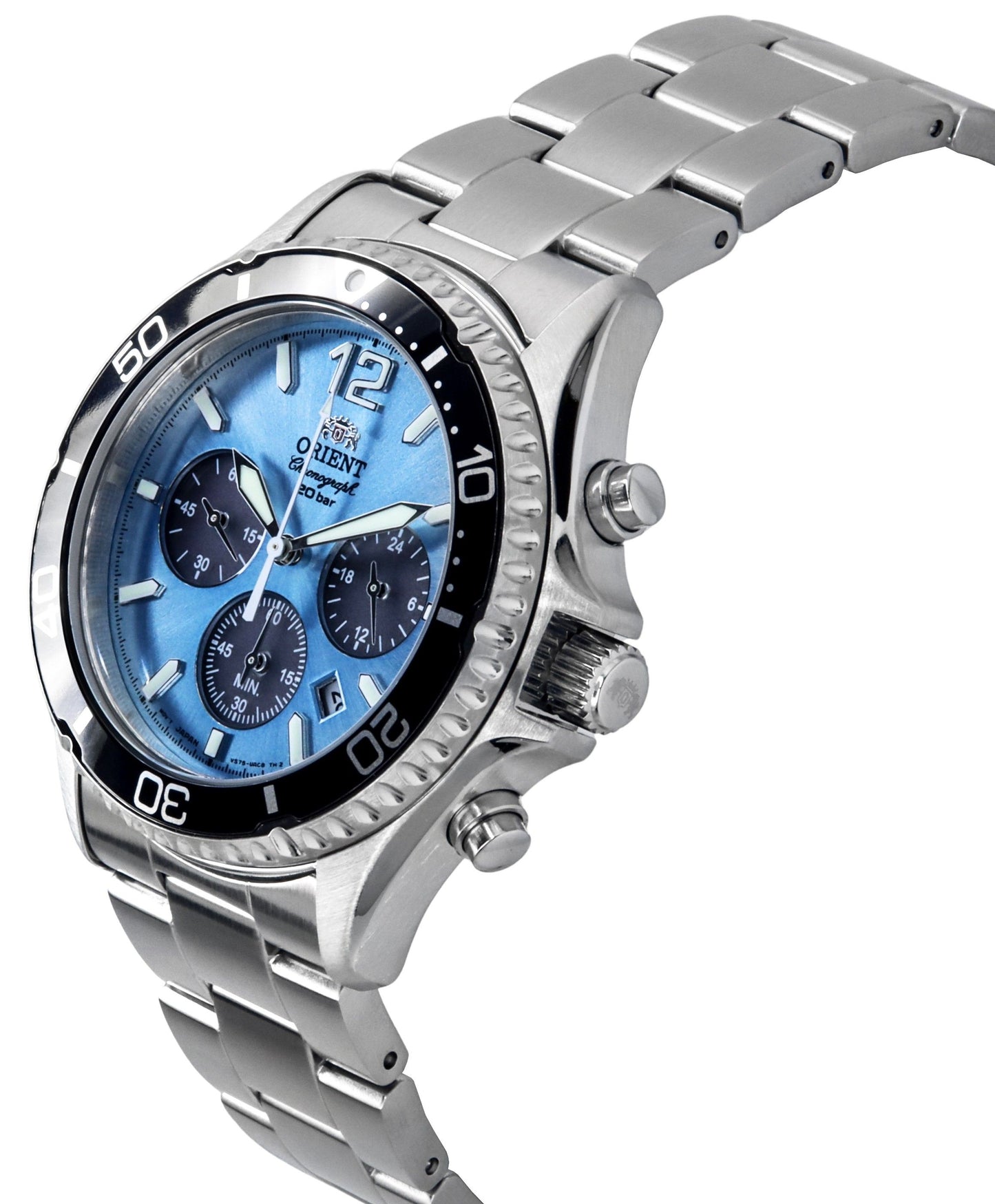 Orient Sports Chronograph Edelstahl Sky Blaues Zifferblatt Quarz Taucher RA-TX0206L 200M Herrenuhr