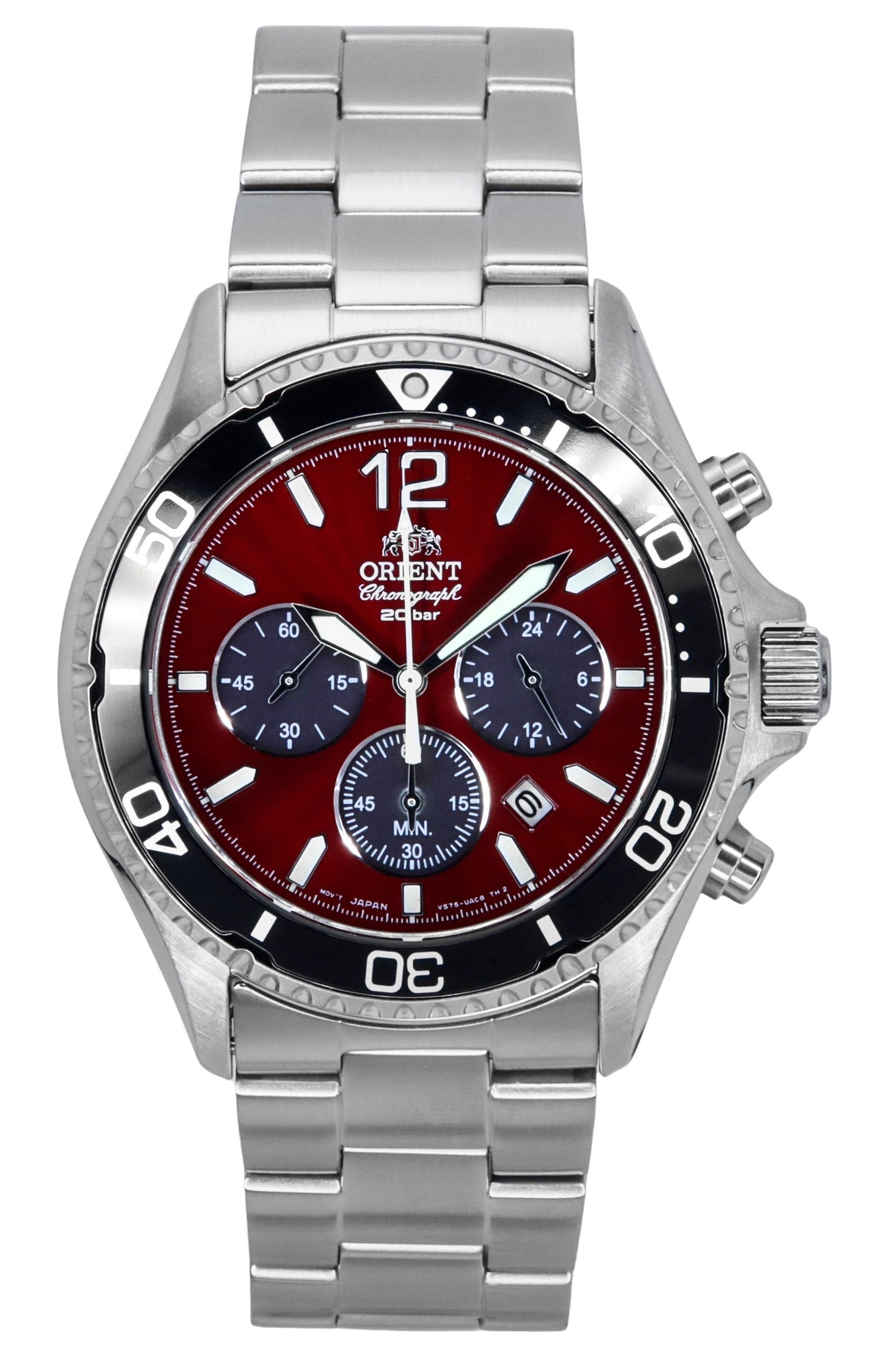 Orient Sports Chronograph Edelstahl Sky Red Dial Quarz Taucher RA-TX0207R 200M Herrenuhr