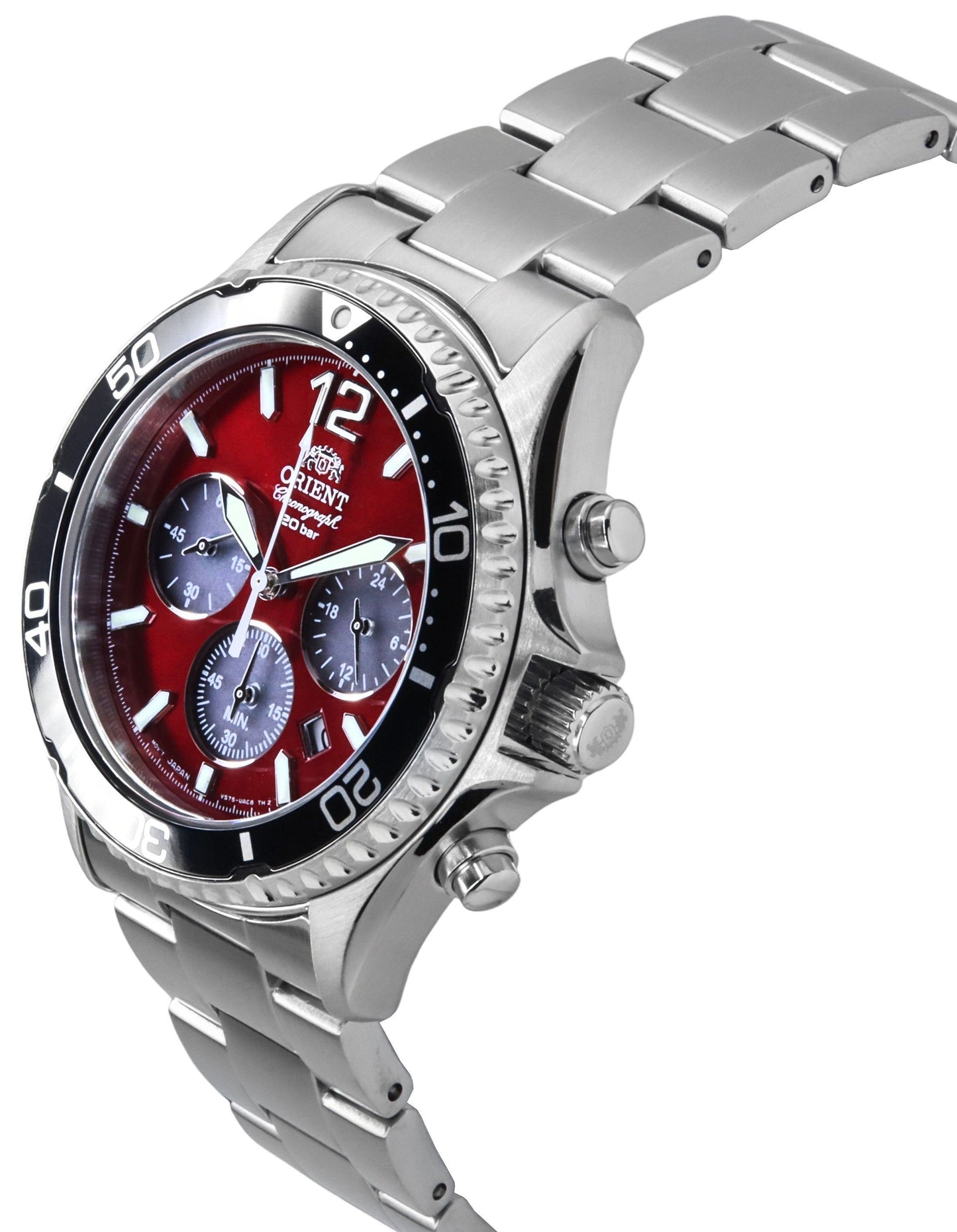 Orient Sports Chronograph Edelstahl Sky Red Dial Quarz Taucher RA-TX0207R 200M Herrenuhr