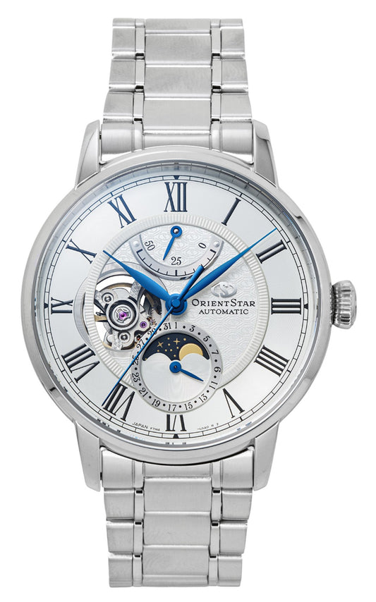 Orient Star M45 F7 Mechanisch Moon Phase Edelstahl White Open Heart Dial Automatik RE-BT0005S Herrenuhr