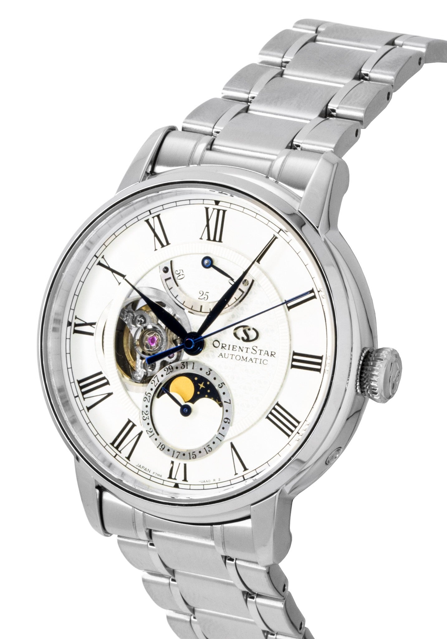 Orient Star M45 F7 Mechanisch Moon Phase Edelstahl White Open Heart Dial Automatik RE-BT0005S Herrenuhr