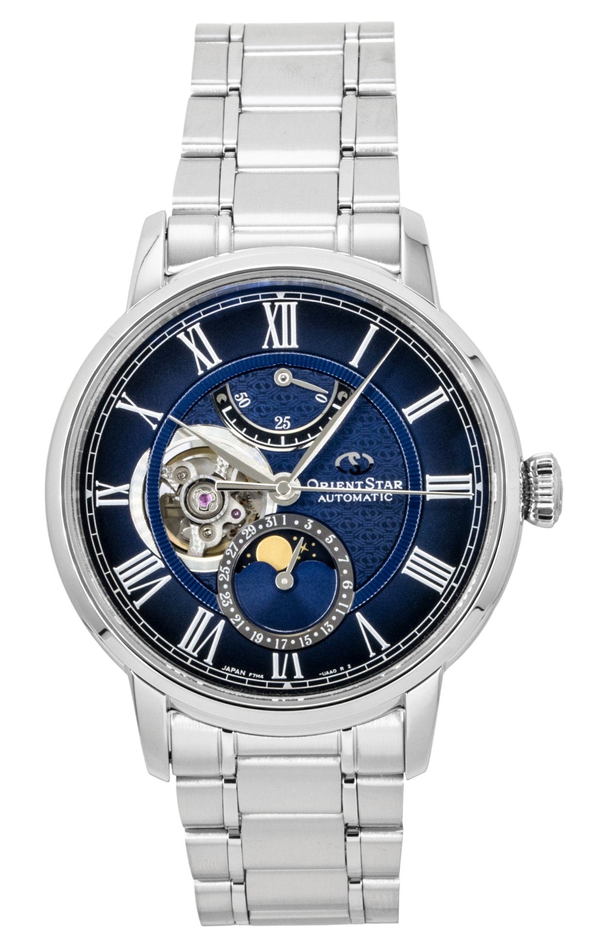 Orient Star M45 F7 Mechanisch Moon Phase Edelstahl Navy Blue Open Heart Dial Automatik RE-BT0006L Herrenuhr