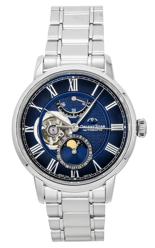 Orient Star M45 F7 Mechanisch Moon Phase Edelstahl Navy Blue Open Heart Dial Automatik RE-BT0006L Herrenuhr