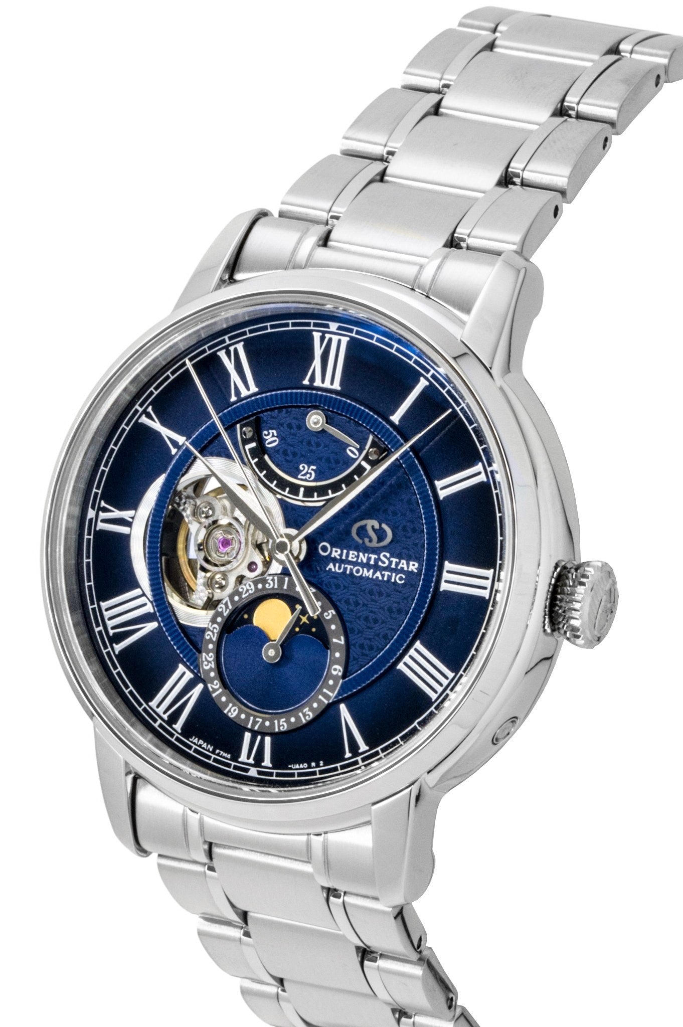Orient Star M45 F7 Mechanisch Moon Phase Edelstahl Navy Blue Open Heart Dial Automatik RE-BT0006L Herrenuhr