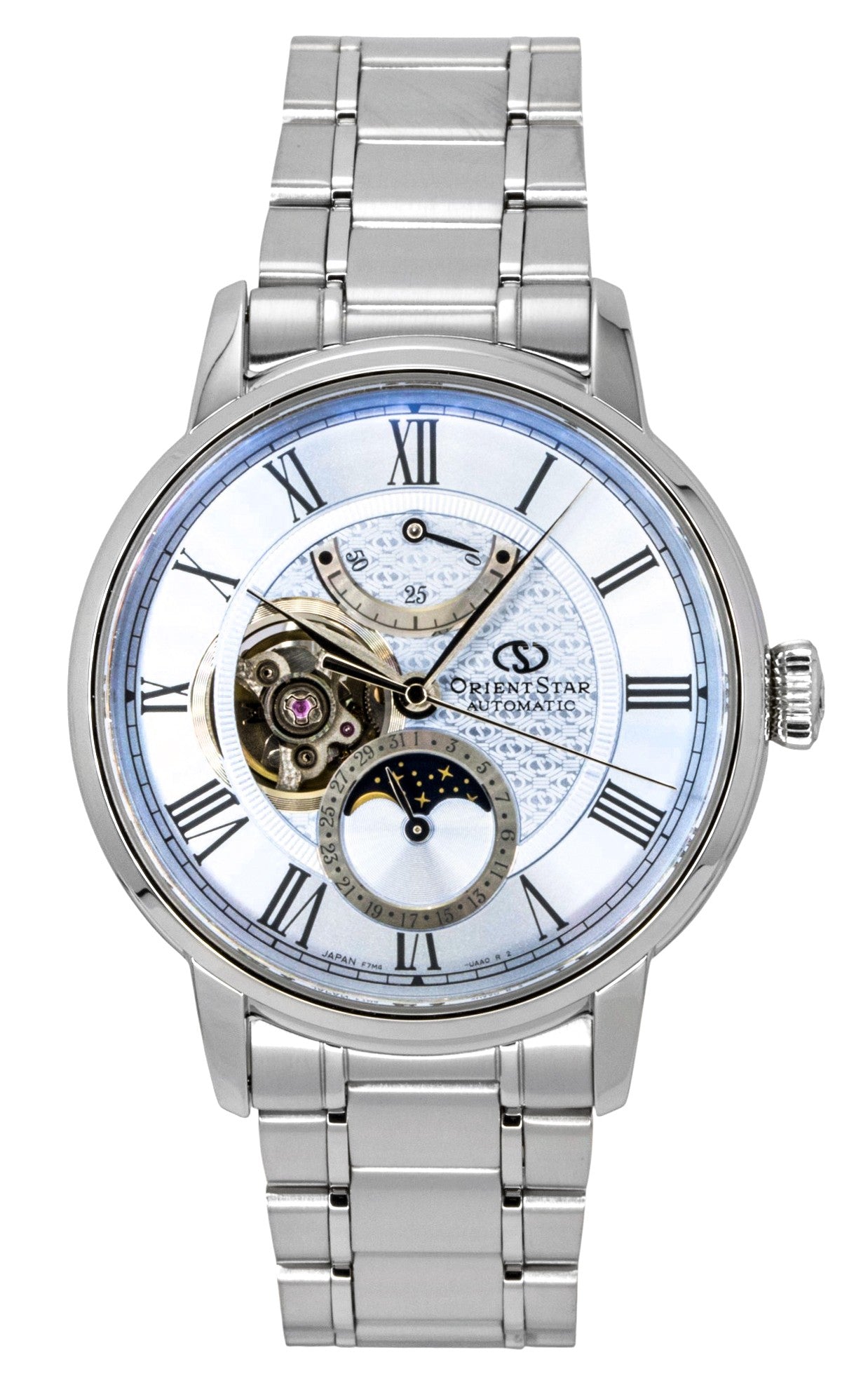 Orient Star M45 F7 Mechanisch Moon Phase Edelstahl Light Blue Open Heart Dial Automatik RE-BT0007L Herrenuhr