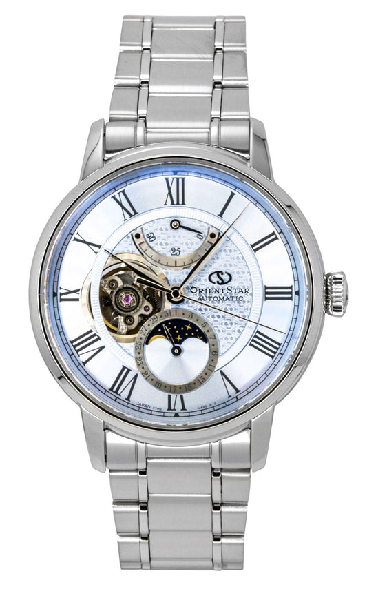 Orient Star M45 F7 Mechanisch Moon Phase Edelstahl Light Blue Open Heart Dial Automatik RE-BT0007L Herrenuhr
