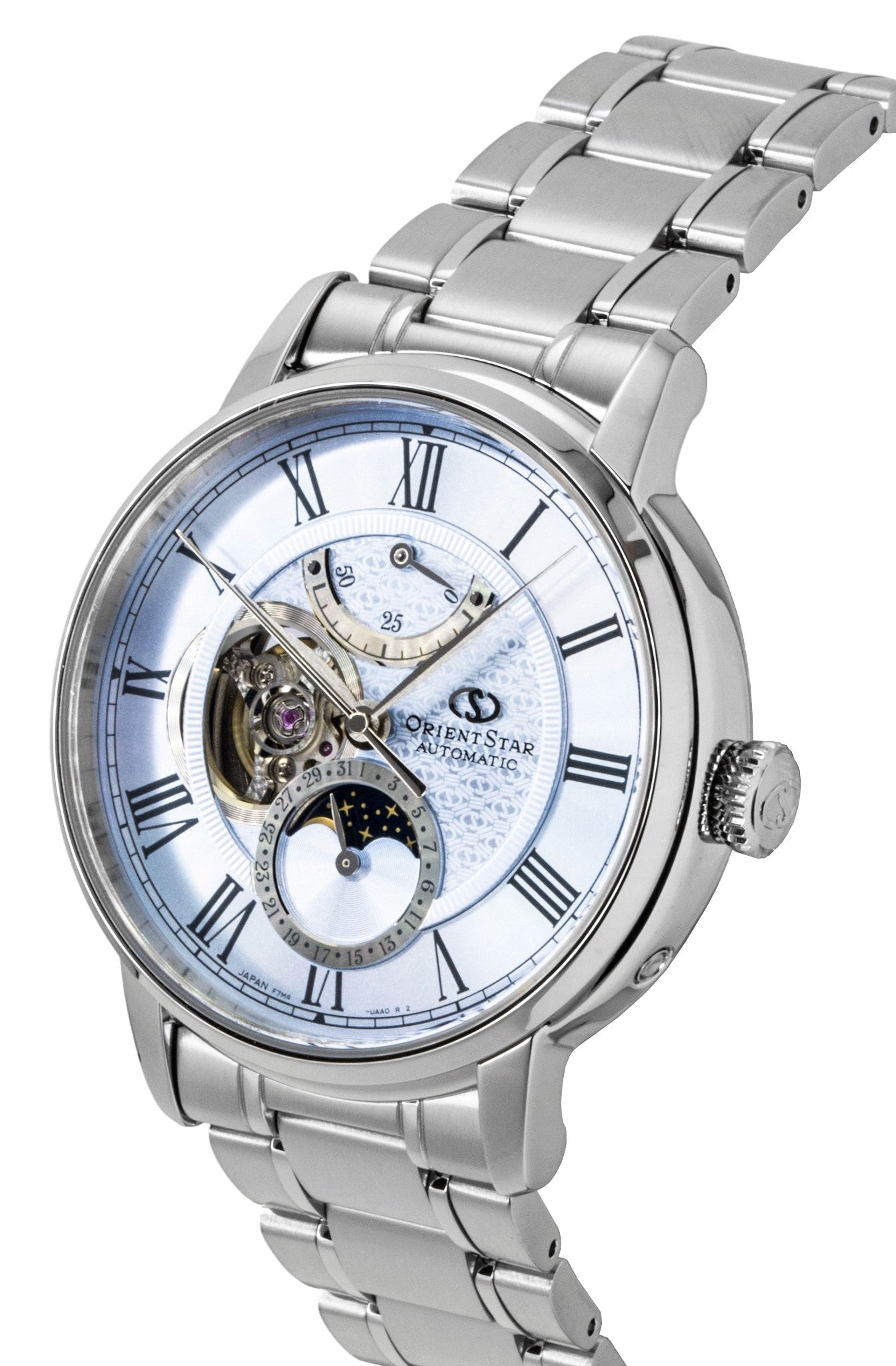 Orient Star M45 F7 Mechanisch Moon Phase Edelstahl Light Blue Open Heart Dial Automatik RE-BT0007L Herrenuhr
