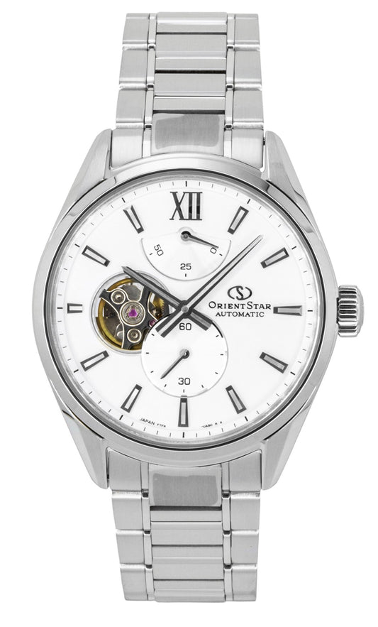 Orient Star Contemporary M34 F7 Edelstahl Semi Skeleton White Dial Automatik RE-BY0011S Herrenuhr