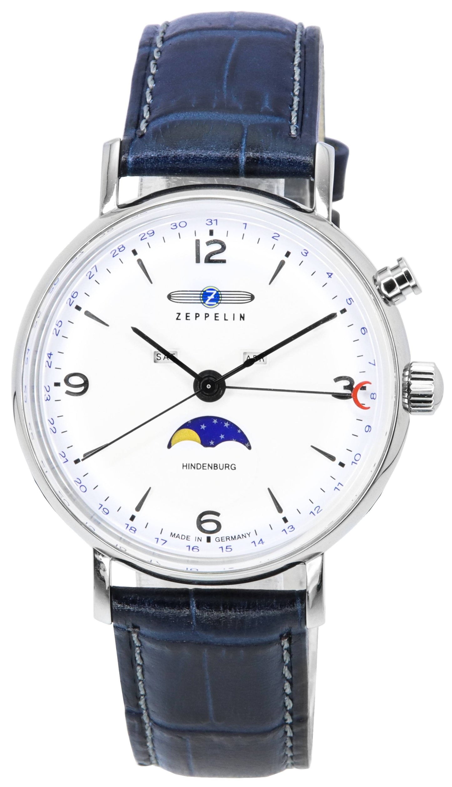 General?berholt Zeppelin LZ 129 Hindenburg Lederarmband Moon Phase White Dial Quarz 80761 Herrenuhr