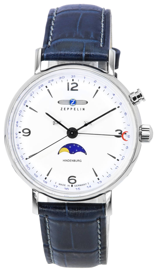 General?berholt Zeppelin LZ 129 Hindenburg Lederarmband Moon Phase White Dial Quarz 80761 Herrenuhr