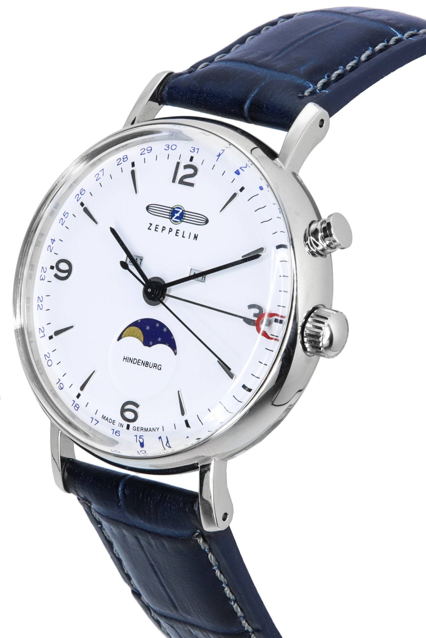 General?berholt Zeppelin LZ 129 Hindenburg Lederarmband Moon Phase White Dial Quarz 80761 Herrenuhr