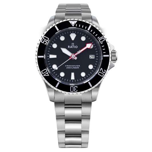 Ratio FreeDiver Sapphire Edelstahl Schwarzes Zifferblatt Quarz RTF031 200M Herrenuhr