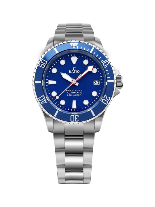 Ratio FreeDiver Sapphire Edelstahl Blaues Zifferblatt Automatik RTF043 200M Herrenuhr
