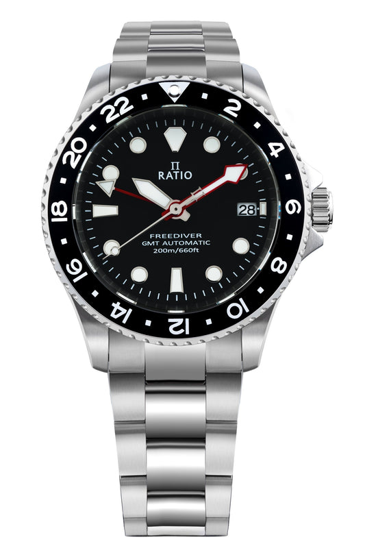 Ratio FreeDiver GMT Series Sapphire Edelstahl Schwarzes Zifferblatt Automatik RTF051 200M Herrenuhr