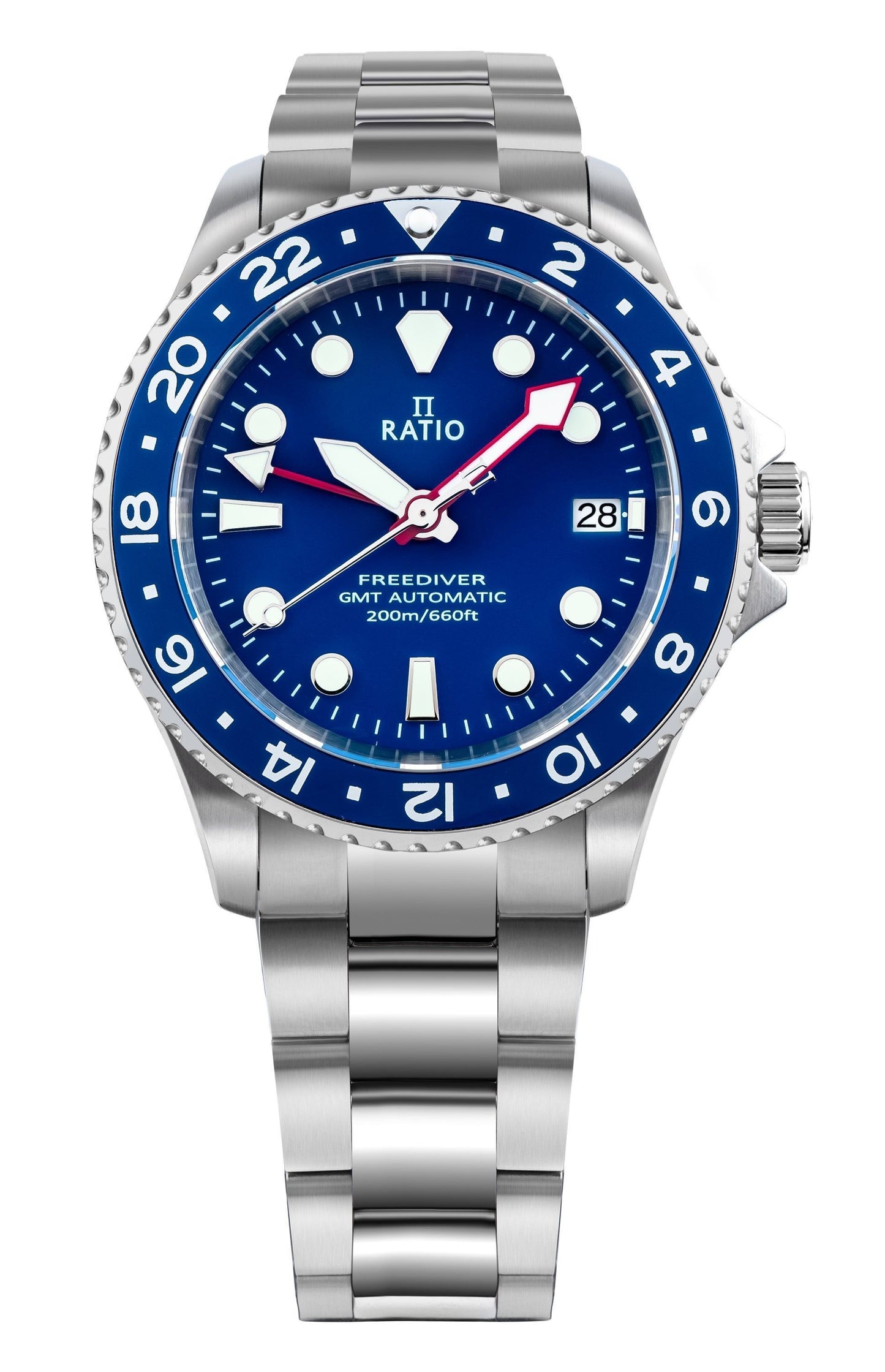 Ratio FreeDiver GMT Series Sapphire Edelstahl Blaues Zifferblatt Automatik RTF053 200M Herrenuhr
