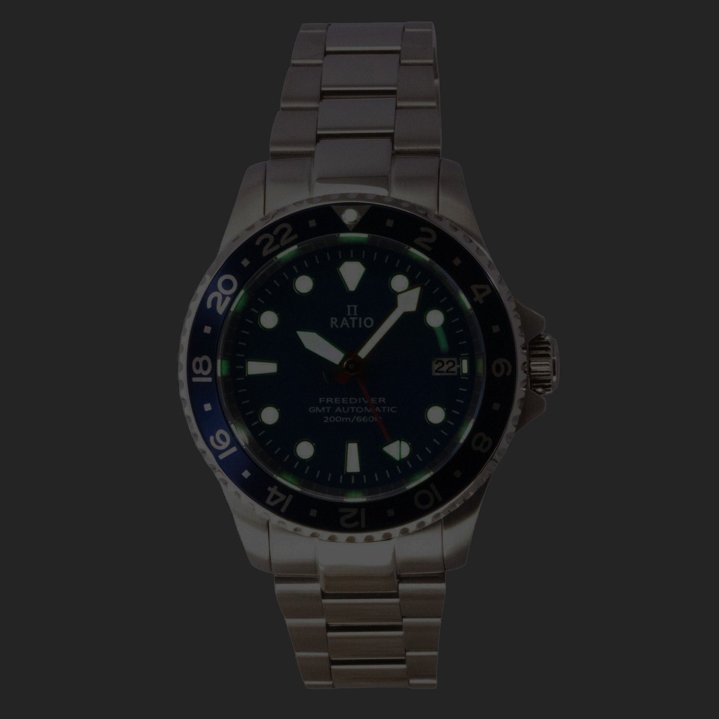 Ratio FreeDiver GMT Series Sapphire Edelstahl Blaues Zifferblatt Automatik RTF053 200M Herrenuhr