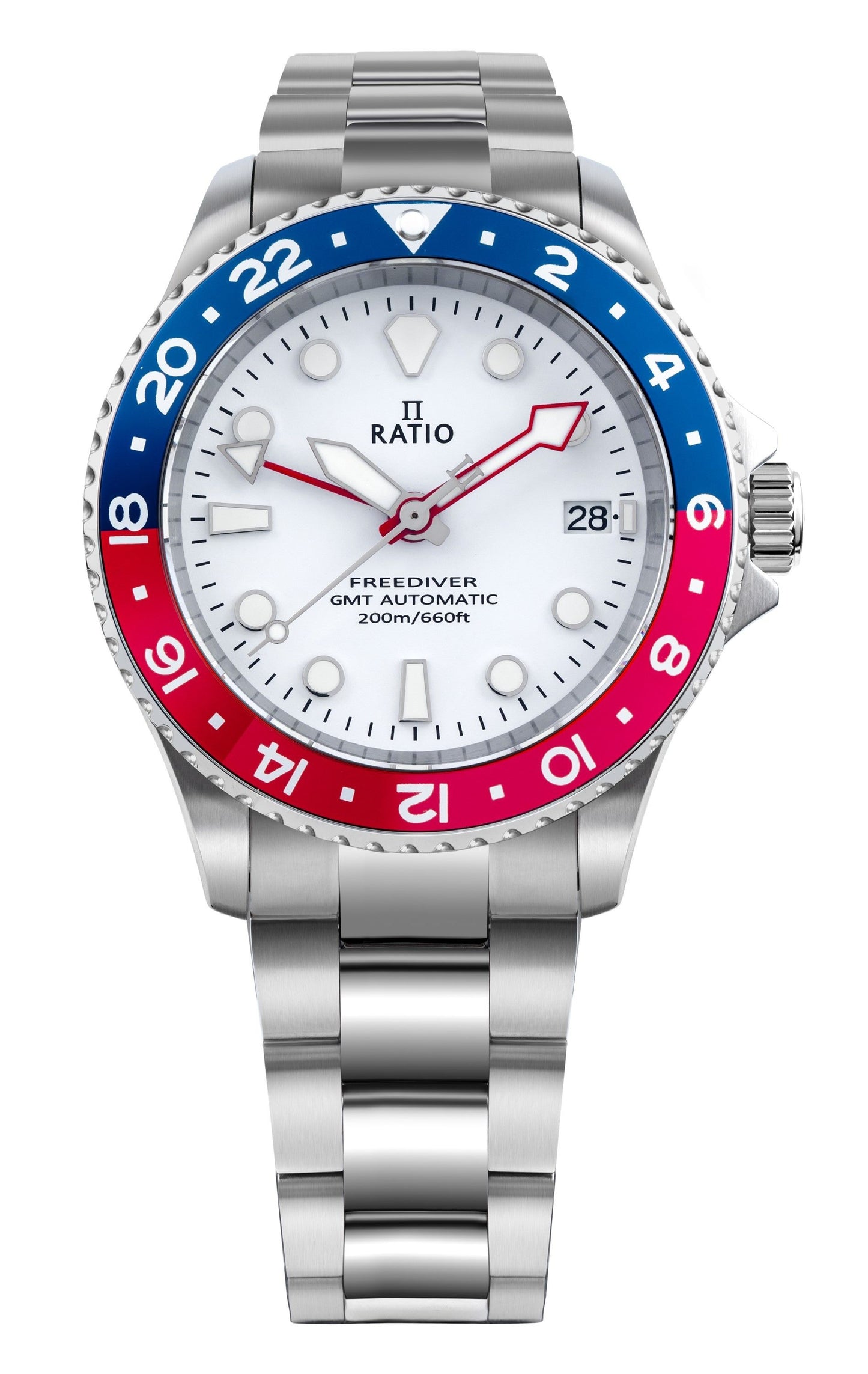 Ratio FreeDiver GMT Series Sapphire Edelstahl White Dial Blue Red Pepsi Bezel Automatik RTF061 200M Herrenuhr