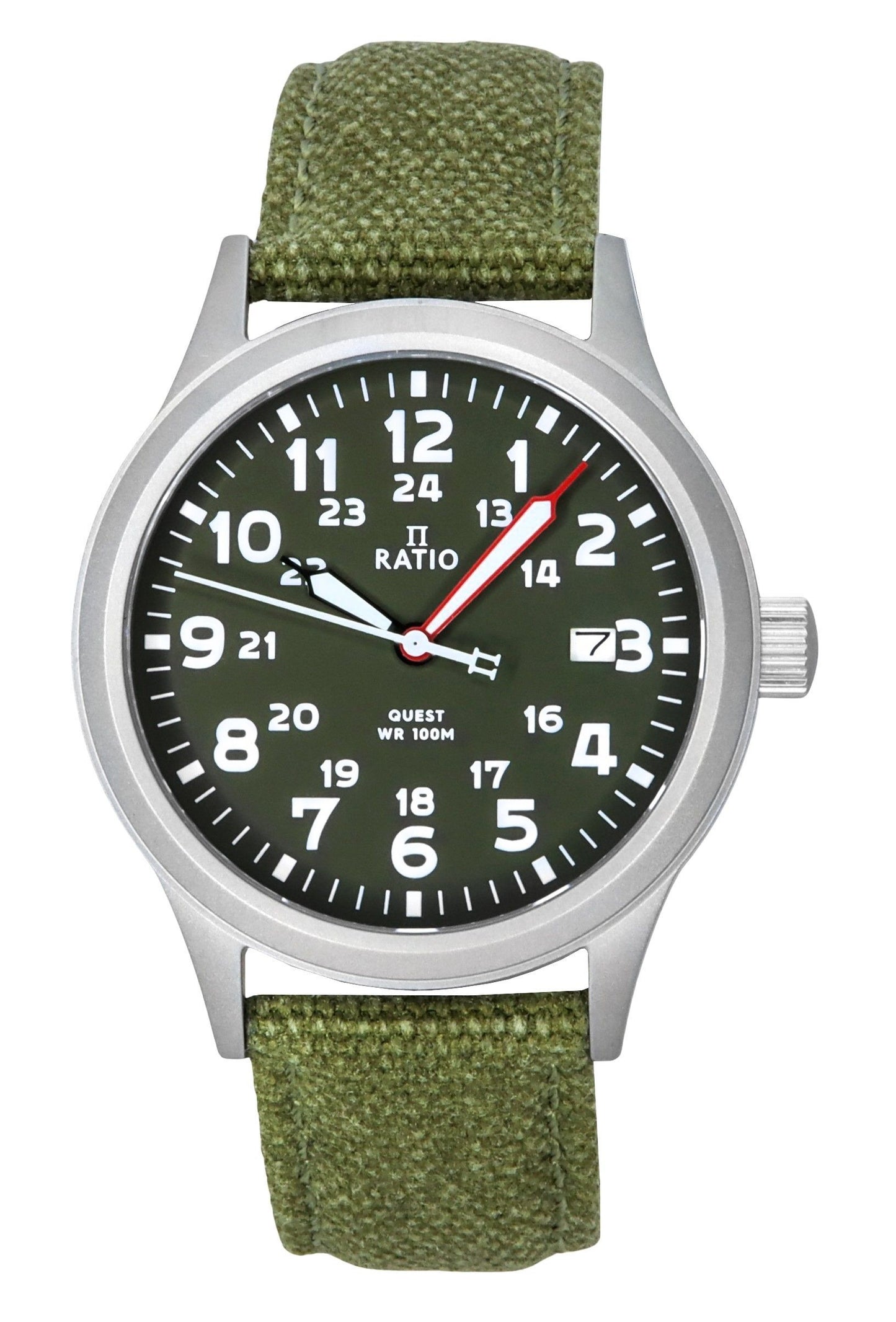 Ratio Quest f?r Herren Field Watch Sapphire Canvas Strap Khaki Gr?nes Zifferblatt Quarz RTQ029 100M Lewis And Clark Edition