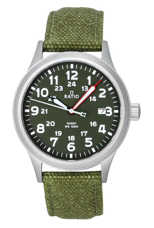 Ratio Quest f?r Herren Field Watch Sapphire Canvas Strap Khaki Gr?nes Zifferblatt Quarz RTQ029 100M Lewis And Clark Edition