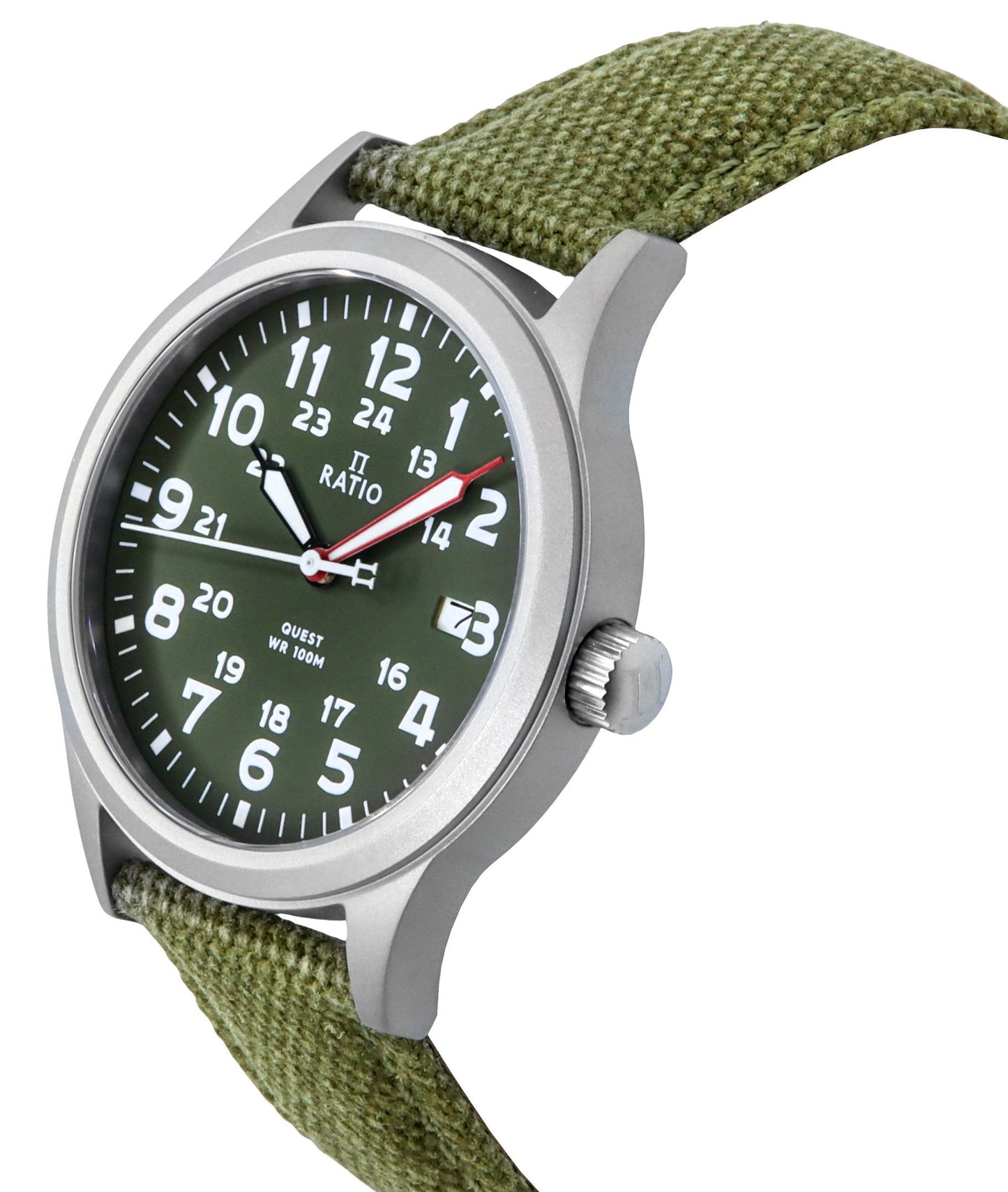 Ratio Quest f?r Herren Field Watch Sapphire Canvas Strap Khaki Gr?nes Zifferblatt Quarz RTQ029 100M Lewis And Clark Edition