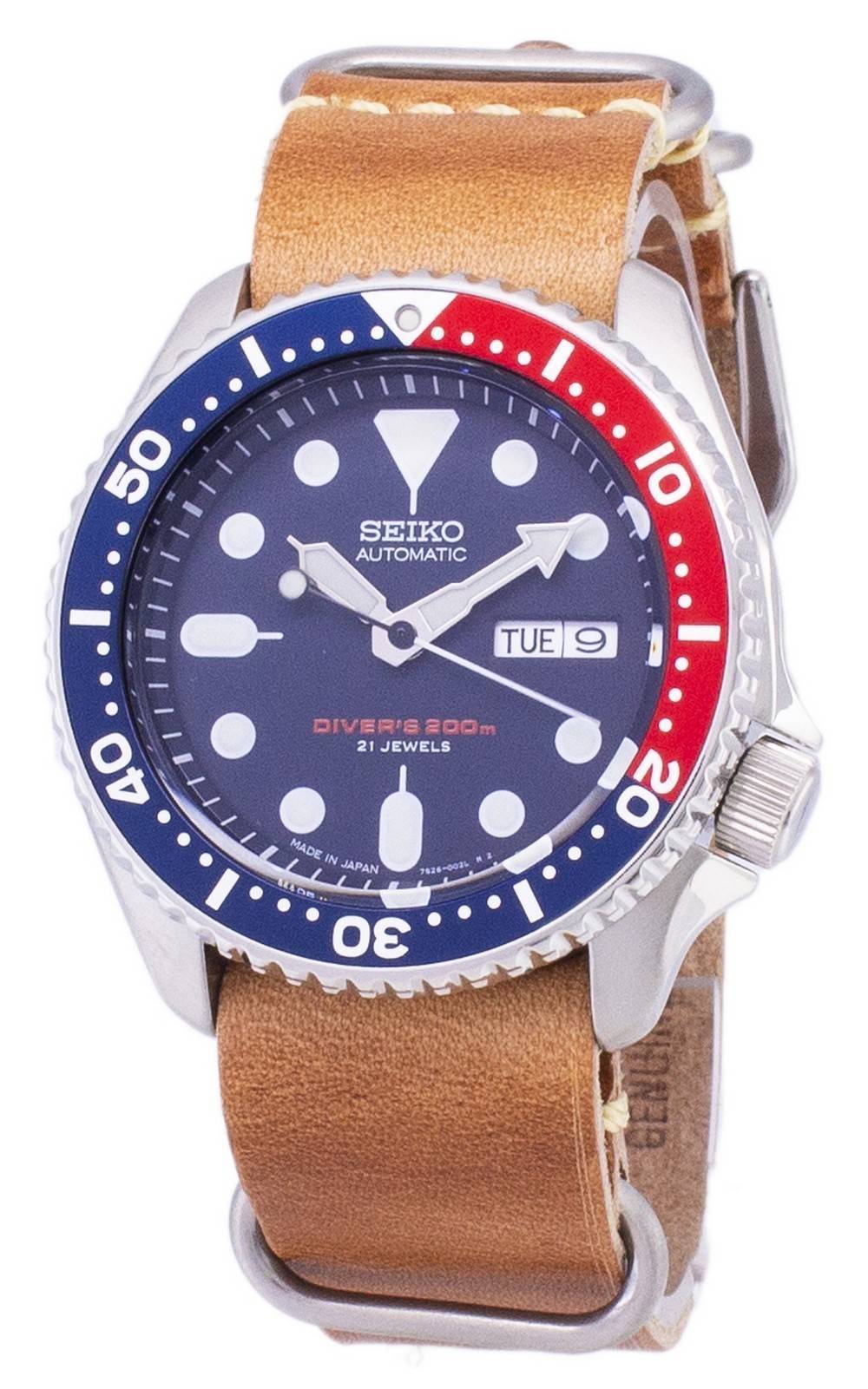 Seiko Automatik SKX009J1-var-LS18 Taucher 200M Made in Japan Brown Lederarmband Herrenuhr