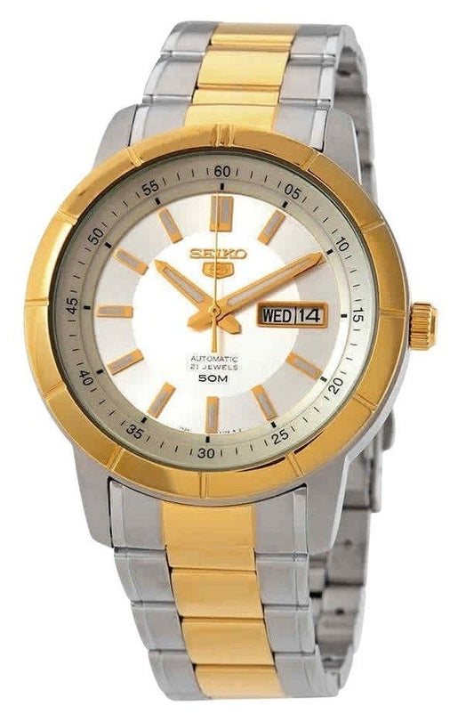Seiko 5 Two Tone Edelstahl Silberfarbenes Zifferblatt 21 Jewels Automatik SNKN58K1 Herrenuhr