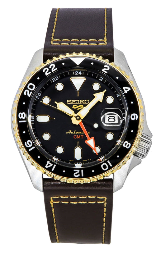 Seiko 5 Sports SKX GMT Lederarmband Schwarzes Zifferblatt Automatik SSK036K1 100M Herrenuhr