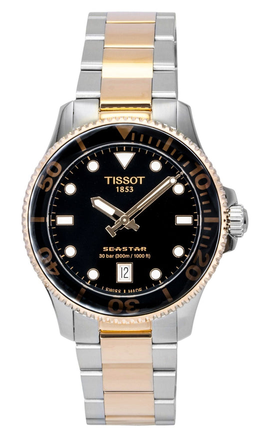 Tissot Seastar 1000 Goldfarben Edelstahl Schwarzes Zifferblatt Quarz Taucher T120.210.22.051.01 300M Herrenuhr