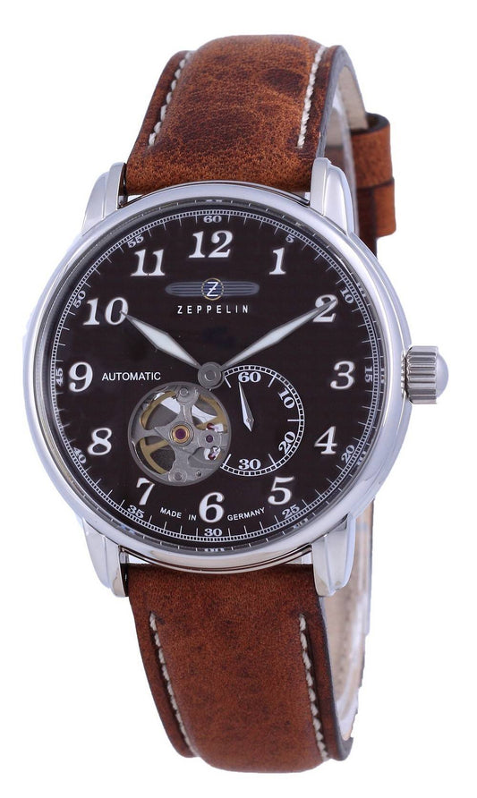 Zeppelin LZ127 Graf Open Heart Leather Automatik 7666-4 76664 Herrenuhr