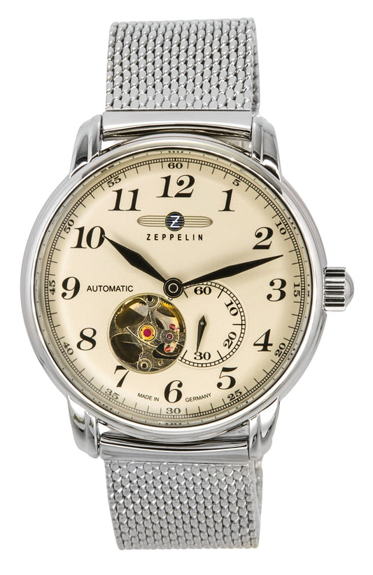 Zeppelin LZ 127 Graf Edelstahl Open Heart Beige Dial Automatik 7666M5 Herrenuhr