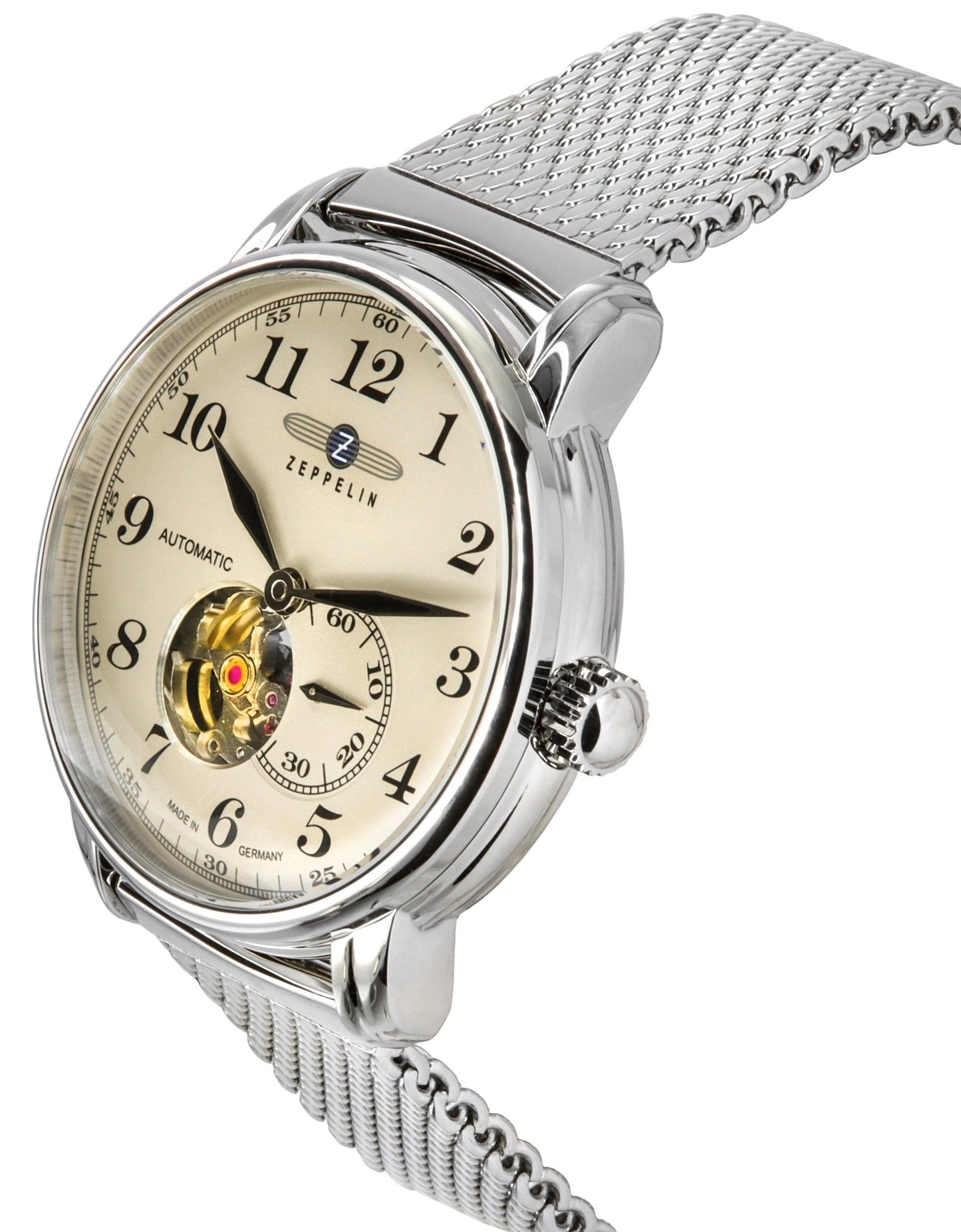 Zeppelin LZ 127 Graf Edelstahl Open Heart Beige Dial Automatik 7666M5 Herrenuhr