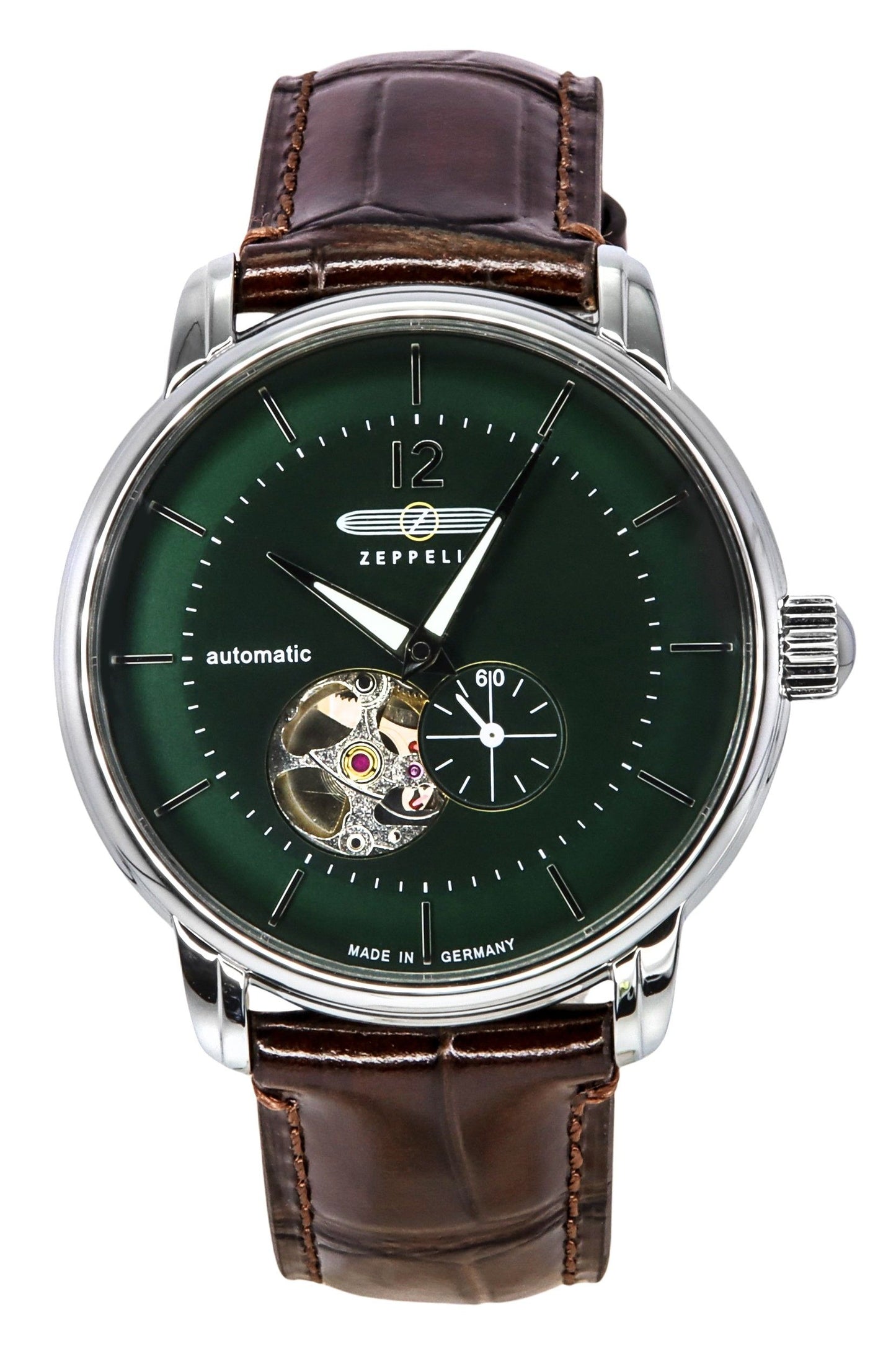 Zeppelin LZ 120 Bodensee Lederarmband Open Heart Gr?nes Zifferblatt Automatik 81664 Herrenuhr