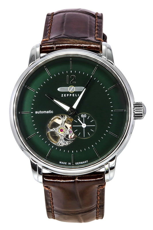 Zeppelin LZ 120 Bodensee Lederarmband Open Heart Gr?nes Zifferblatt Automatik 81664 Herrenuhr