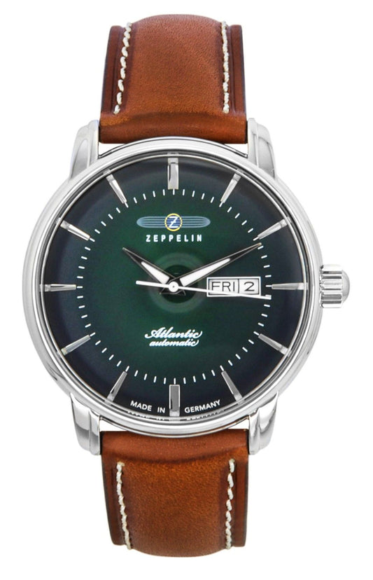 Zeppelin Atlantic Brown Lederarmband Gr?nes Zifferblatt Automatik 84664 Herrenuhr