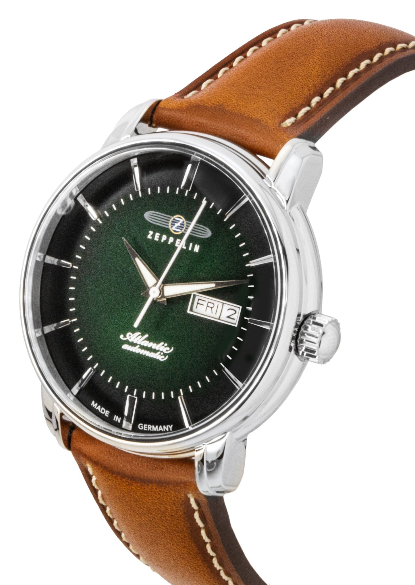 Zeppelin Atlantic Brown Lederarmband Gr?nes Zifferblatt Automatik 84664 Herrenuhr