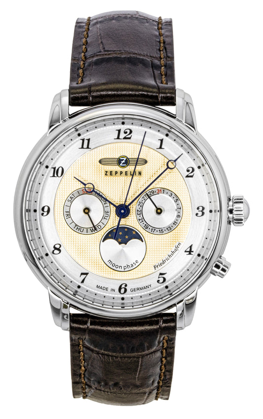 Zeppelin Friedrichshafen Brown Lederarmband Gold Dial Quarz 85365 Herrenuhr