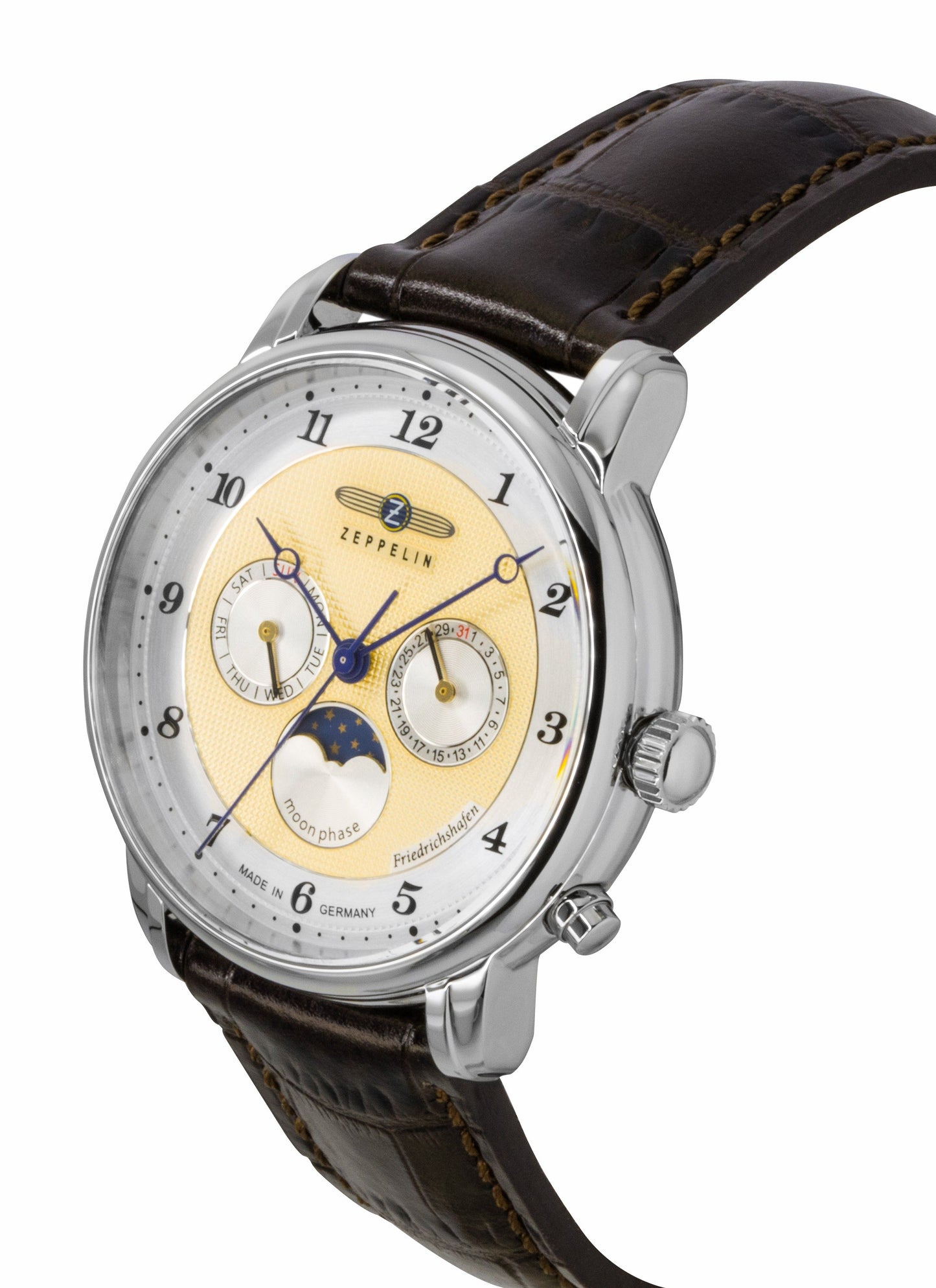Zeppelin Friedrichshafen Brown Lederarmband Gold Dial Quarz 85365 Herrenuhr