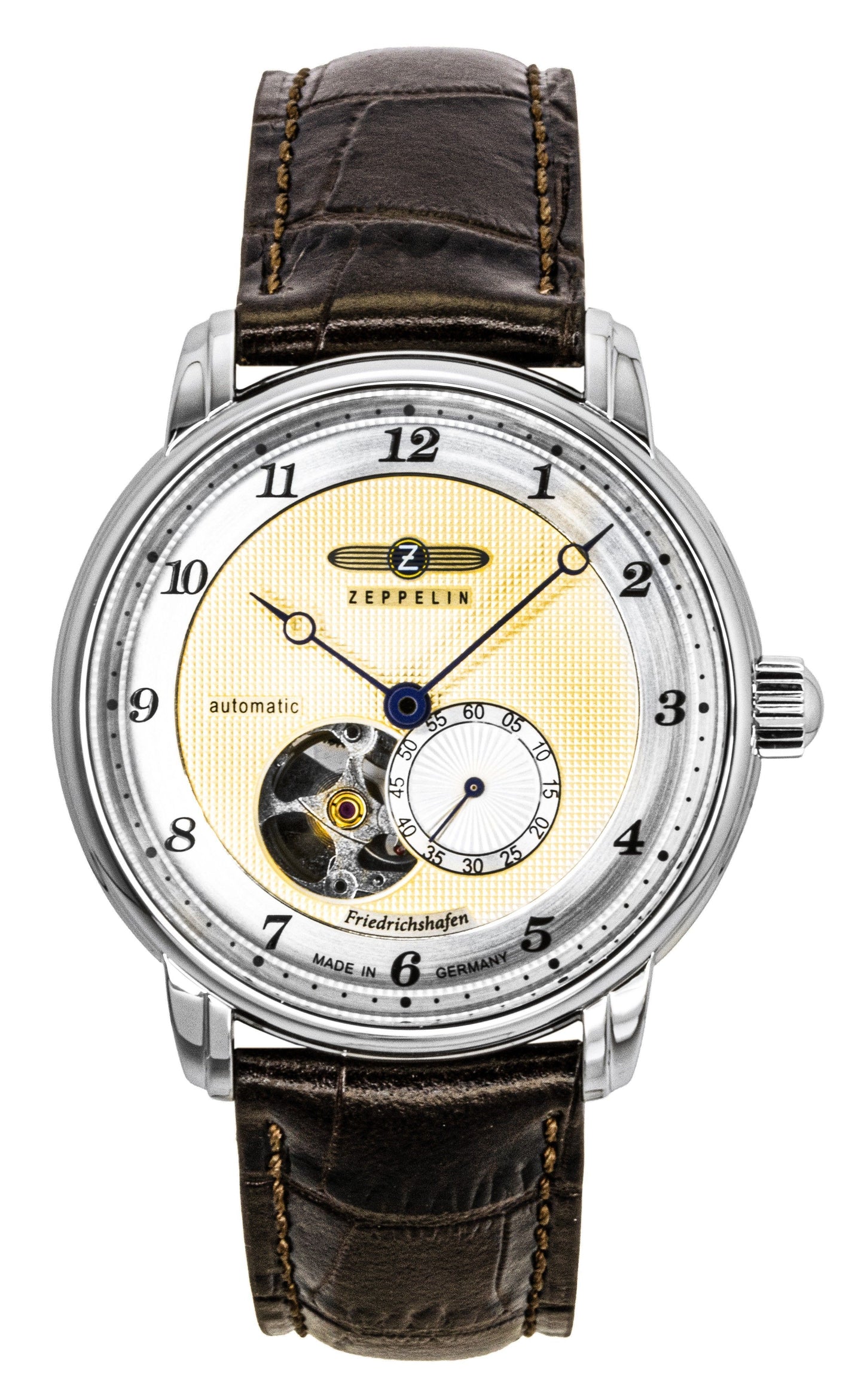 Zeppelin Friedrichshafe Brown Lederarmband Open Heart Gold Dial Automatik 85665 Herrenuhr