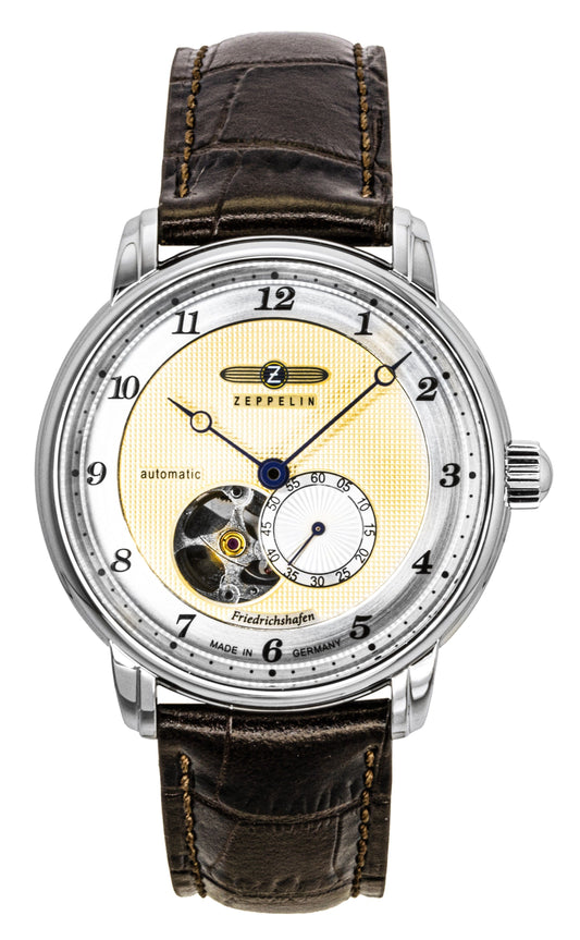 Zeppelin Friedrichshafe Brown Lederarmband Open Heart Gold Dial Automatik 85665 Herrenuhr
