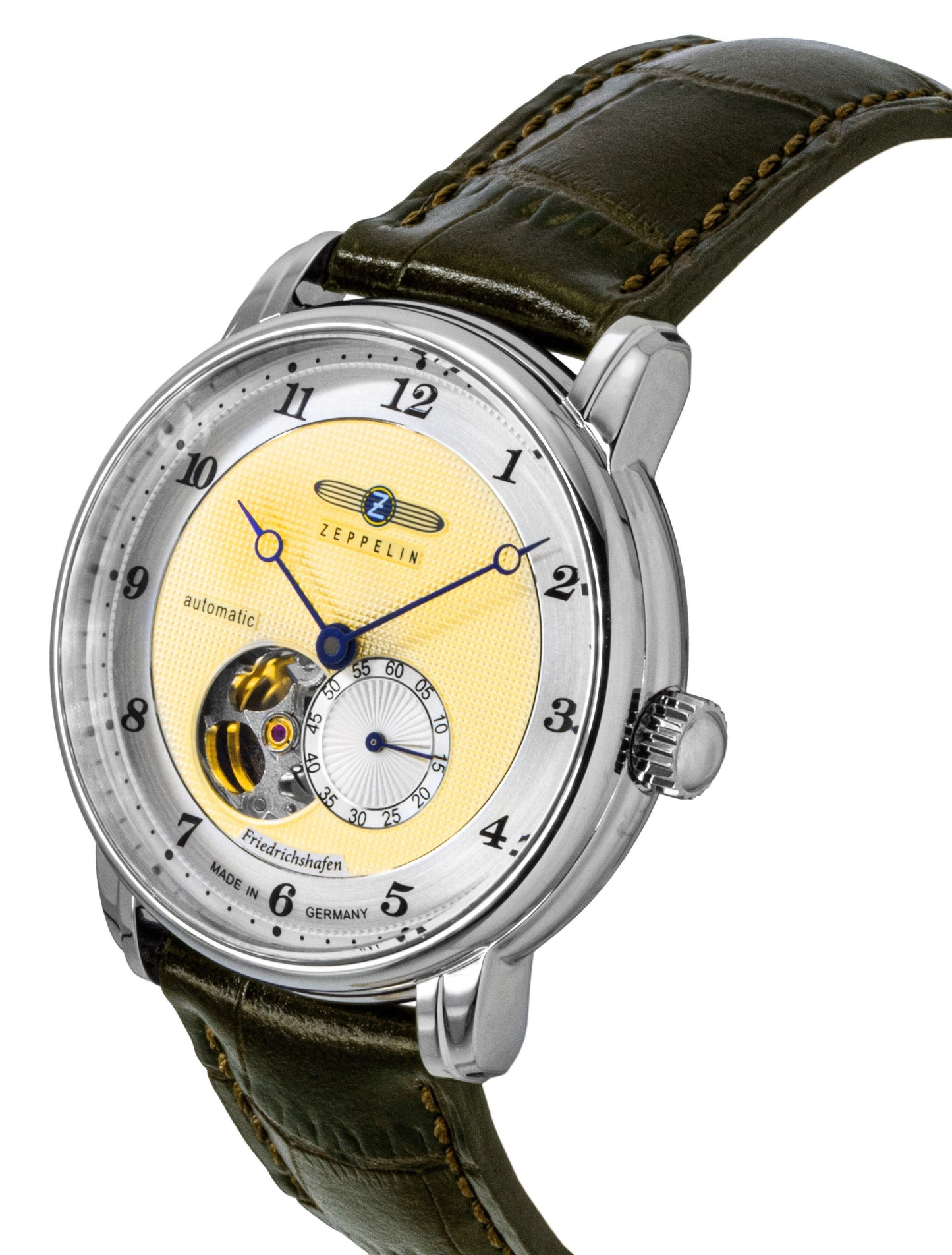 Zeppelin Friedrichshafe Brown Lederarmband Open Heart Gold Dial Automatik 85665 Herrenuhr