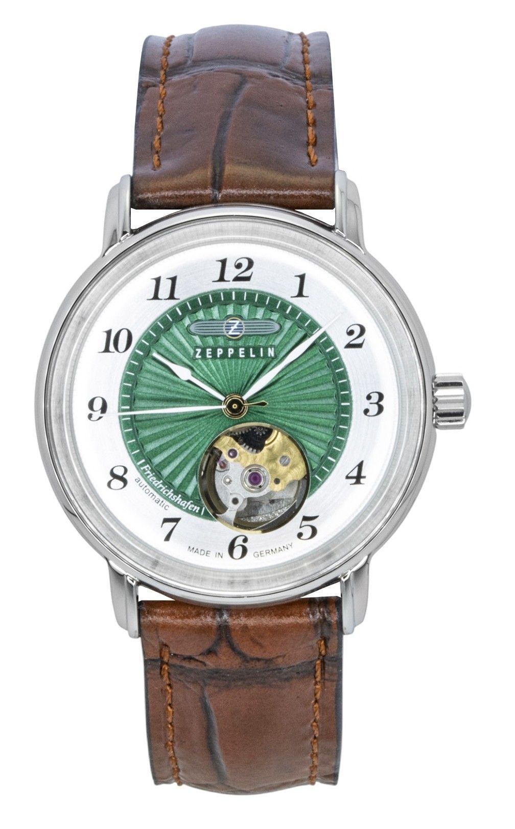 Zeppelin Friedrichshafen Lederarmband Open Heart Grünes Zifferblatt Automatik 85672 Damenuhr