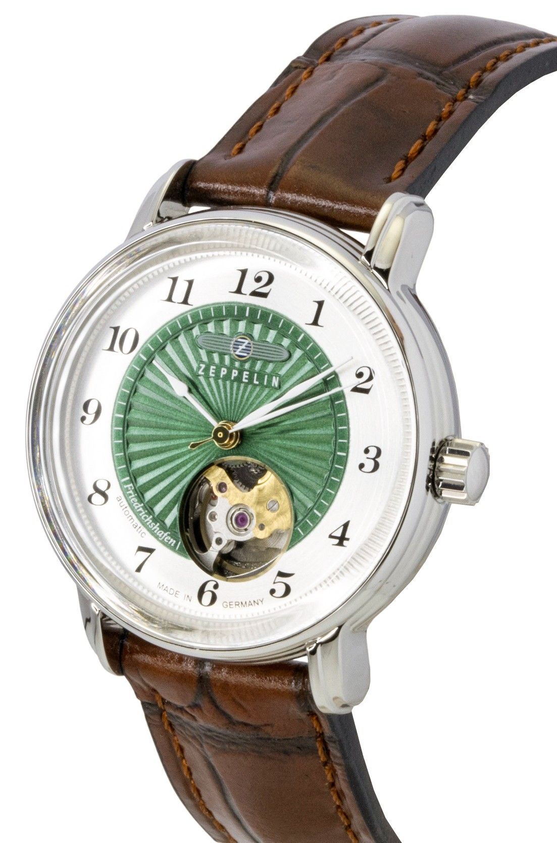 Zeppelin Friedrichshafen Lederarmband Open Heart Grünes Zifferblatt Automatik 85672 Damenuhr
