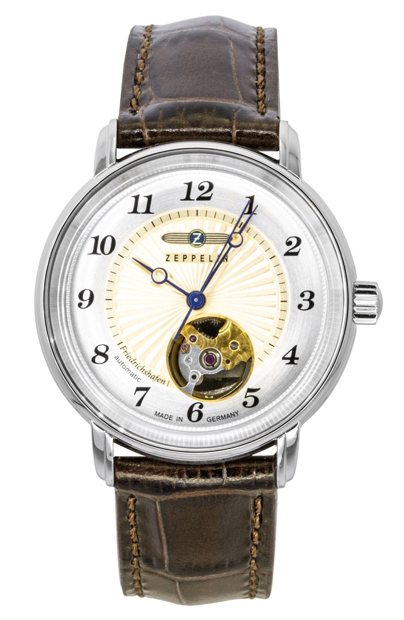 Zeppelin Friedrichshafen Lederarmband Open Heart Gold Dial Automatik 85675 Damenuhr