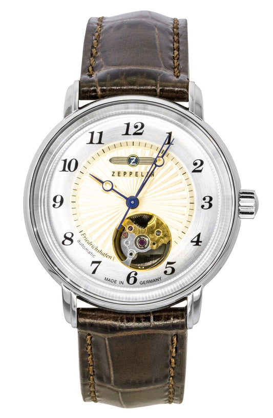 Zeppelin Friedrichshafen Lederarmband Open Heart Gold Dial Automatik 85675 Damenuhr
