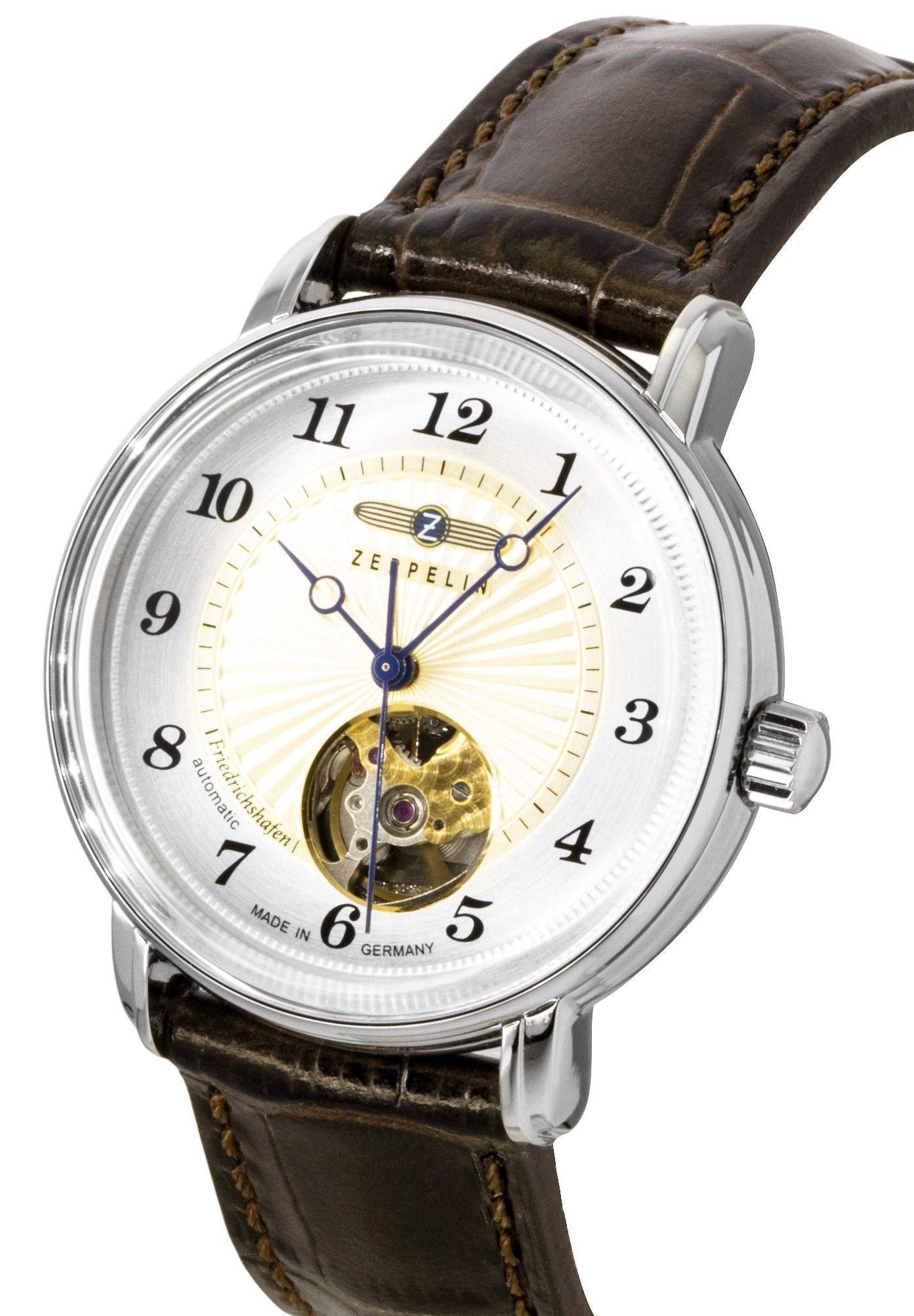 Zeppelin Friedrichshafen Lederarmband Open Heart Gold Dial Automatik 85675 Damenuhr