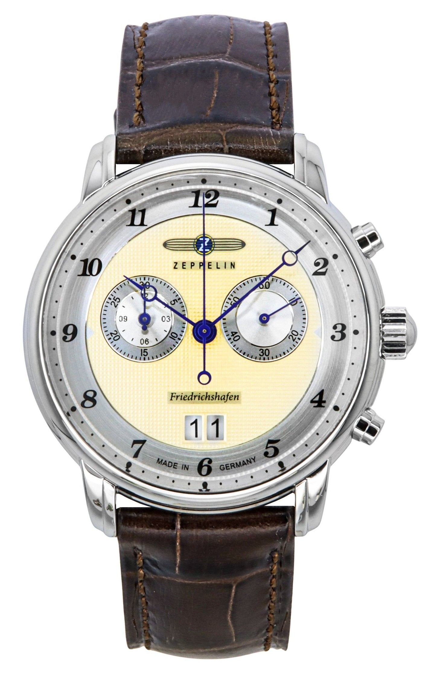 Zeppelin Friedrichshafen Chronograph Lederarmband Gold Dial Quarz 85845 Herrenuhr
