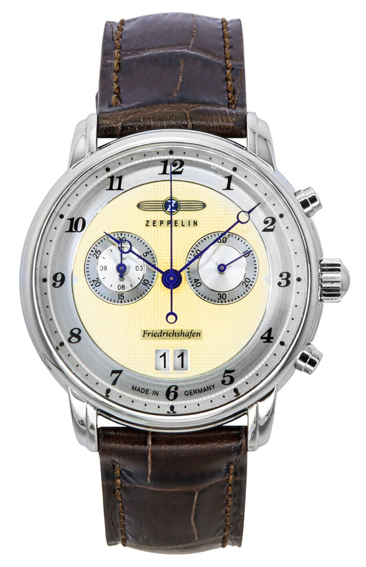 Zeppelin Friedrichshafen Chronograph Lederarmband Gold Dial Quarz 85845 Herrenuhr