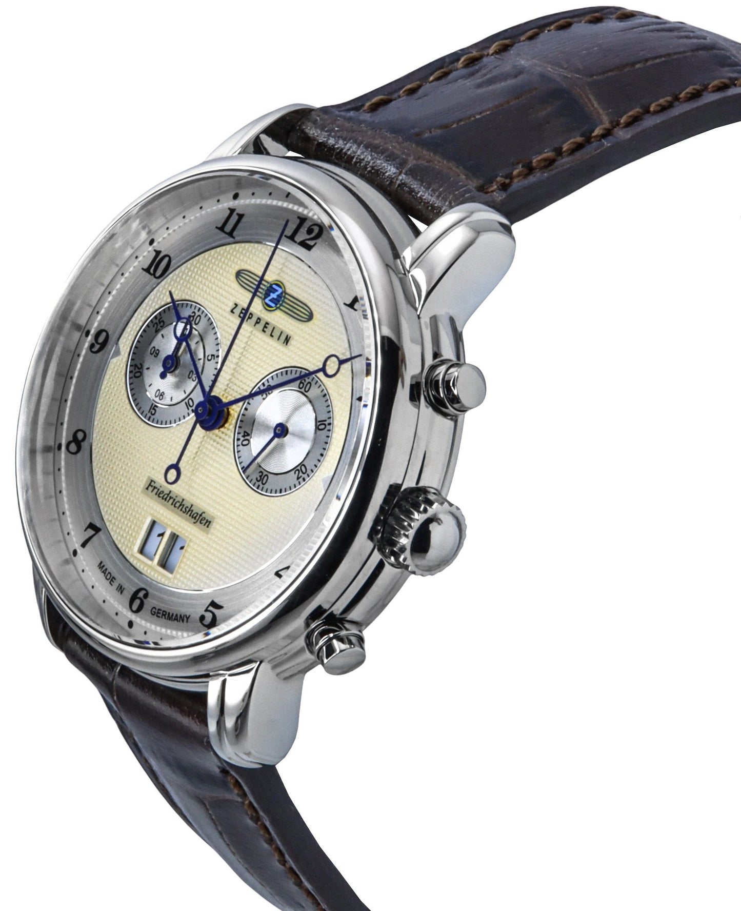 Zeppelin Friedrichshafen Chronograph Lederarmband Gold Dial Quarz 85845 Herrenuhr