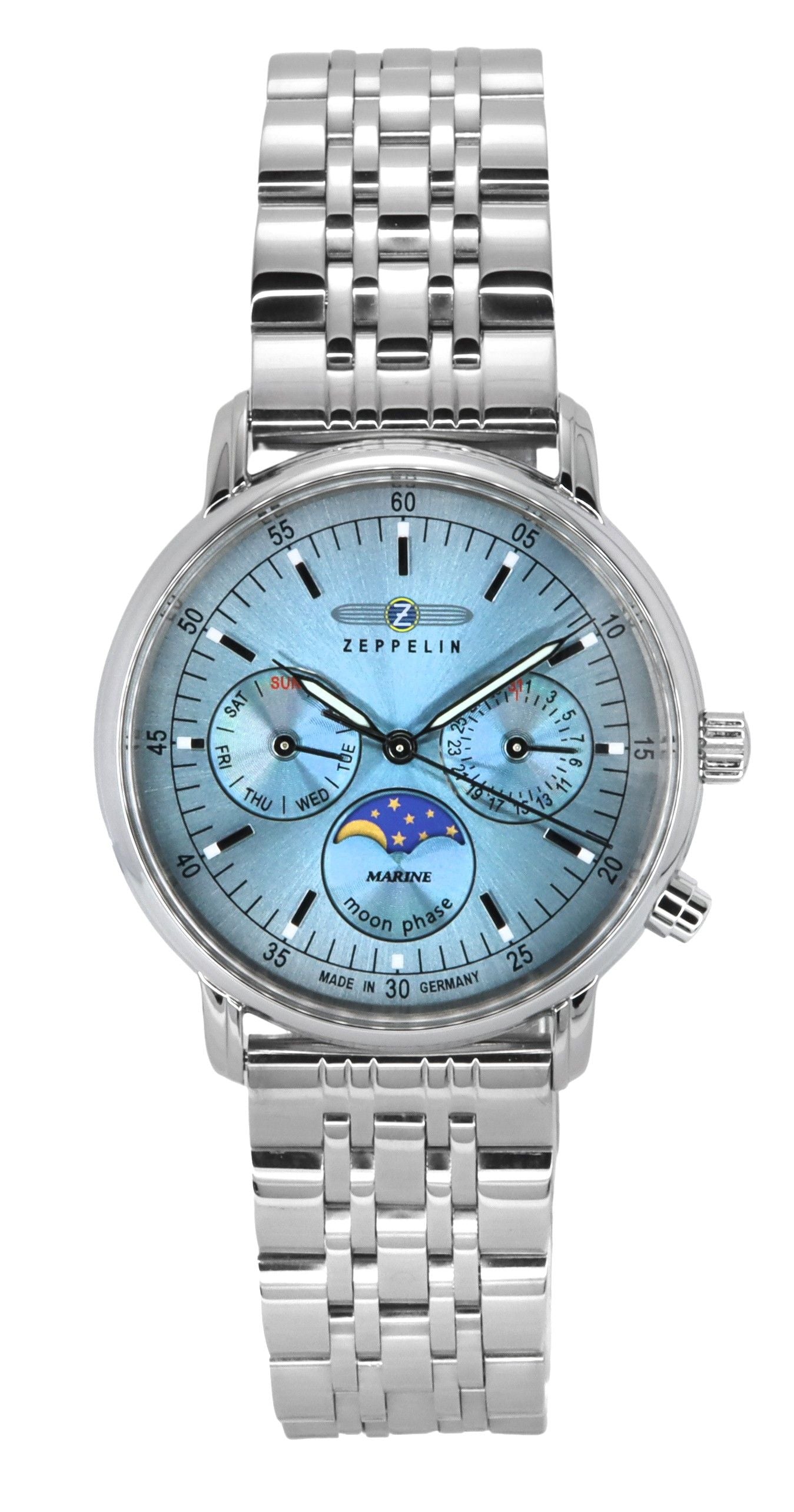 Zeppelin LZ14 Marine Moonphase Edelstahl Ice Blaues Zifferblatt Quarz 8637M3 Damenuhr