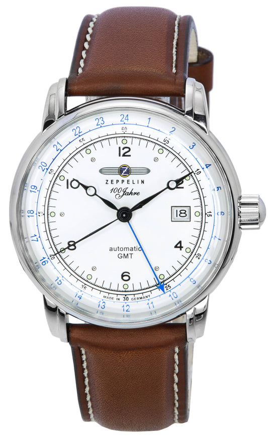 Zeppelin 100 Jahre GMT Lederarmband Silberfarbenes Zifferblatt Automatik 86661 Herrenuhr